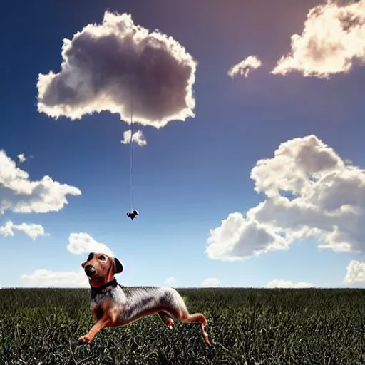 Prompt: grey, elderly wire-haired dachshund flying in heaven, floating in the sky, blue sky, surrounded by beautiful white clouds, heaven landscape