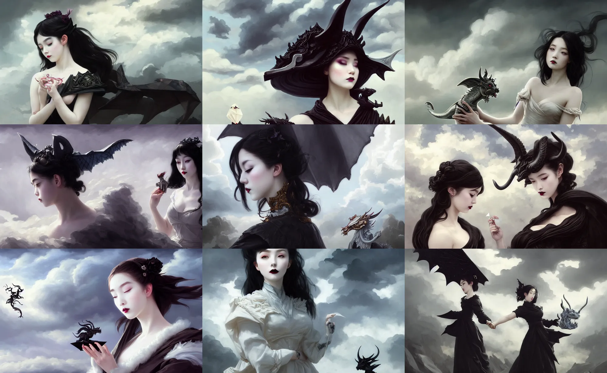 Prompt: wide shot, epic clouds, fragile girl, victorian goth, white powder makeup, holding origami qilin, dark lipstick, asian, black hair, hidden face, d & d, fantasy, elegant, highly detailed, digital painting, artstation, concept art, matte, sharp focus, illustration, art by artgerm and greg rutkowski and alphonse mucha