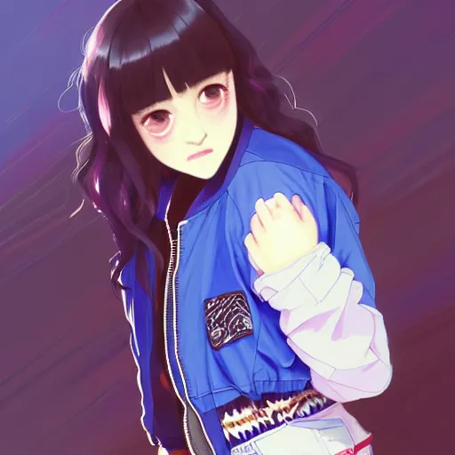 Image similar to a beautiful boyish kat dennings alluring gravure model, wearing oversized mayan bomber jacket and leotard with overalls, bulky poofy aztec native style bomber jacket with mayan patterns, gapmoe yandere grimdark, trending on pixiv fanbox, painted by greg rutkowski makoto shinkai takashi takeuchi studio ghibli, akihiko yoshida