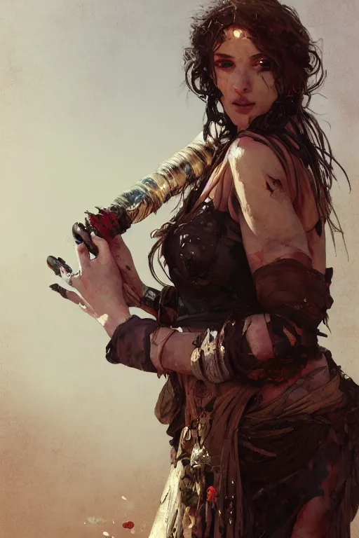 Prompt: a full body portrait of a beautiful post apocalyptic offworld shepherds quarter bedouin blind pulp fiction scarlet wild rogue barbarian leper begging by the roadside, intricate, elegant, highly detailed, digital painting, artstation, concept art, smooth, sharp focus, illustration, art by krenz cushart and artem demura and alphonse mucha