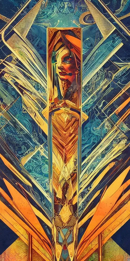 Image similar to a tarot card with an art deco boarder, by android jones