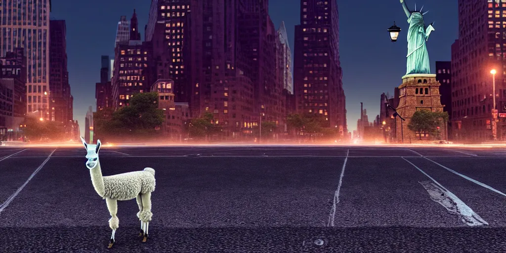 Image similar to a llama walking through a desolate manhattan city street at night, statue of liberty seen in the background, realistic 4 k octane beautifully detailed render, 4 k post - processing, highly detailed, detailed face, intricate complexity, epic composition, magical atmosphere, cinematic lighting, masterpiece, color picture, ultra hd