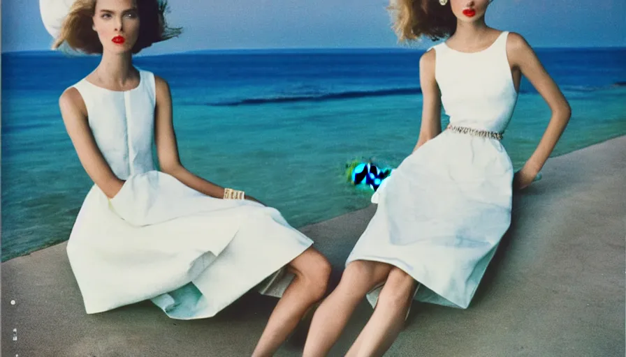 Prompt: 1 9 8 8 italia vogue magazine photo of a dress with cotton underskirt set, christian dior style, mediterranean beach background, refracted color lines, night, flash photography