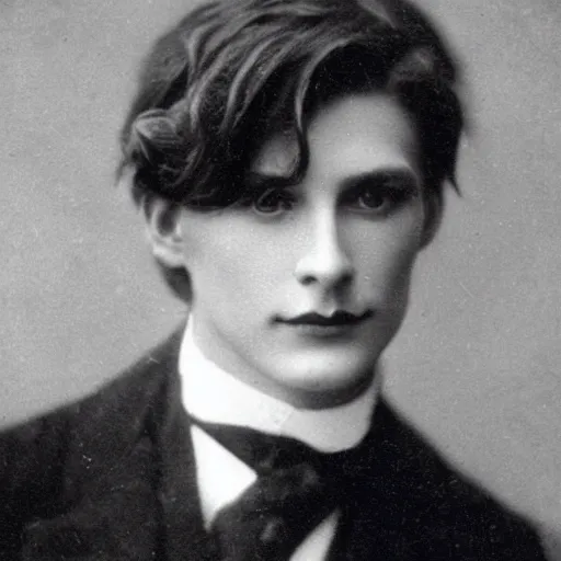Prompt: headshot edwardian photograph of dorian gray, extremely handsome, classicaly beautiful, 1 9 2 0 s, realistic face, 1 8 9 0 s, 1 9 0 0 s, very grainy, slightly blurry, victorian