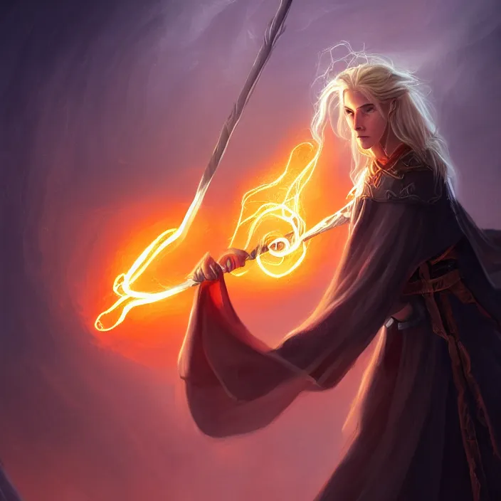 Prompt: Young, handsome wizard with a blonde ponytail wearing exquisite black robes, a spider cloak and wielding a legendary staff of light. Magic, orange lighting, flux. High fantasy, digital painting, HD, 4k, detailed.