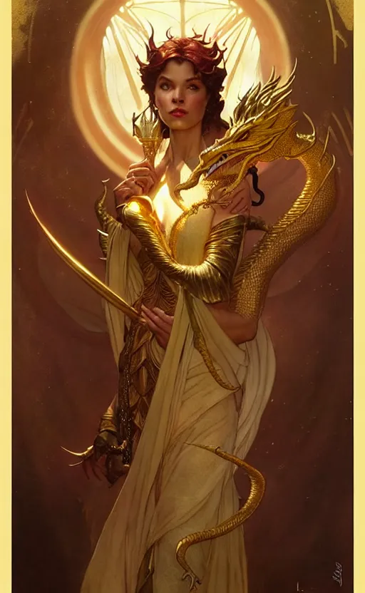 Image similar to magic gold dragon gorgeous lighting by weta studio, mucha, bautista and norman rockwell and greg rutkowski and tom bagshaw and james gurney and lucasfilm