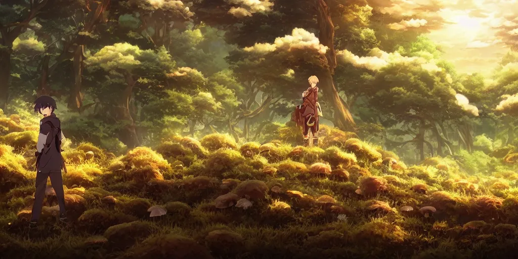 Prompt: isekai masterpiece anime boy standing tree log overlooking a giant forest of mushrooms, high noon, cinematic, very warm colors, intense shadows, layered stratocumulus clouds, anime illustration, anime screenshot