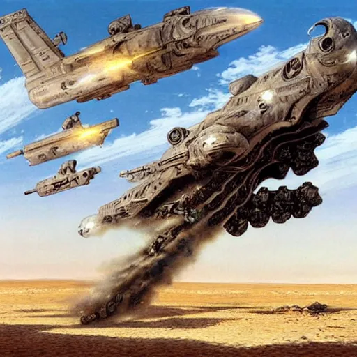 Prompt: dropship wreck in the Gobi desert by Jim Burns