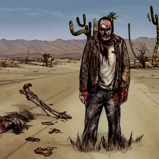 Image similar to a sketch of a decomposing zombie in a post - apocalyptic desert, gta 5 cover art style, the desert is in watercolor, elephant skull, pencil, intermediate art, paper art, pencil, bold lines, humans with apocalypse clothes on in the background, by an gta 5 loading screen artist