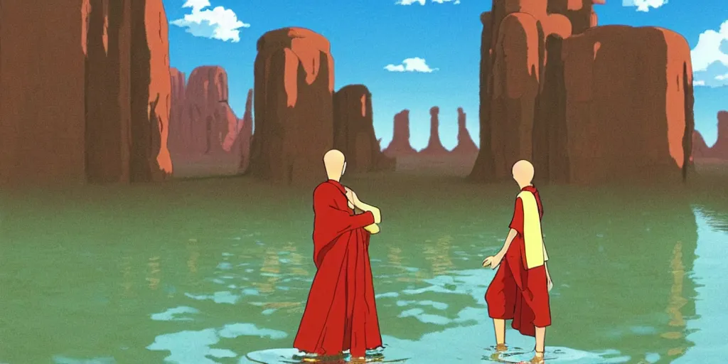 Image similar to a realistic cell - shaded studio ghibli concept art from paprika ( 2 0 0 6 ) of a giant monk meditating and a small witch dancing from close encounters of the third kind ( 1 9 7 7 ) in a flooded monument valley stonehenge. very dull colors, wide shot, hd, 4 k, hq