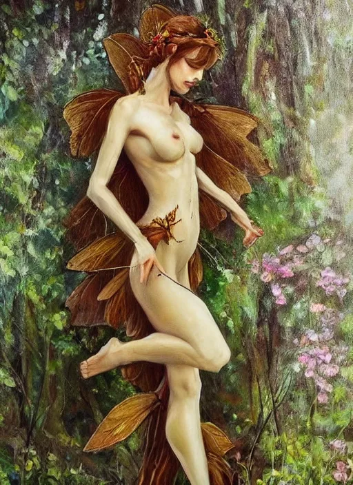 Image similar to beautiful oil painting full body portrait fairy faerie fey queen standing in forest highly detailed subtle enchanting