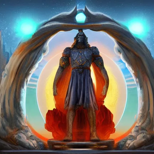 Prompt: A large statue of a wizard guarding the entrance to a multiverse portal, landscape art, concept art, fantasy, inspiring, colossus of rhodes, bright lighting, colorful