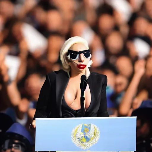 Image similar to Lady Gaga as president, Argentina presidential rally, Argentine flags behind, bokeh, giving a speech, detailed face, Argentina