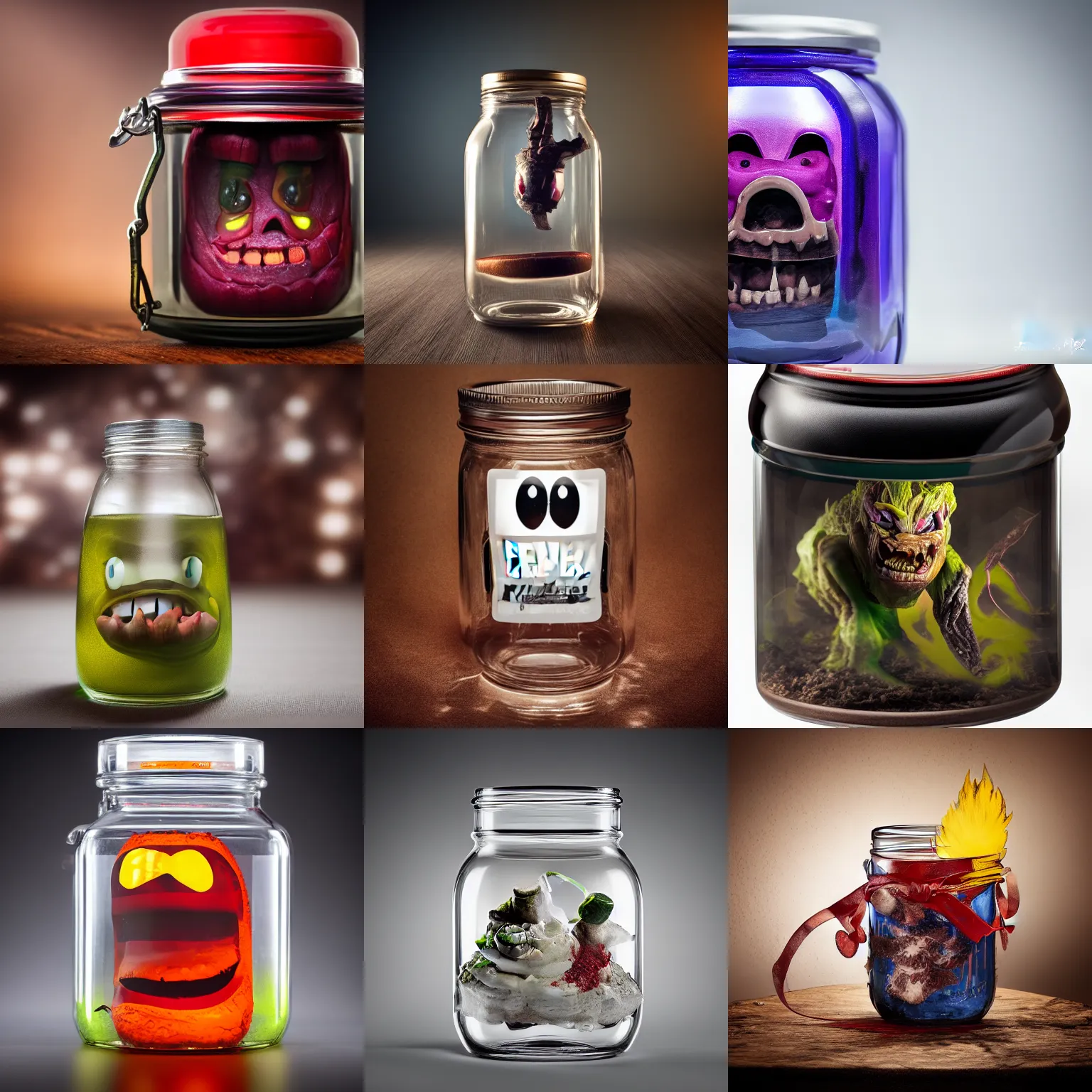 Prompt: An evil monster in a jar, by Mike Franchina, product photography, studio lightning