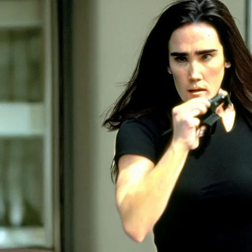 Prompt: jennifer connelly as a secret agent, action scene