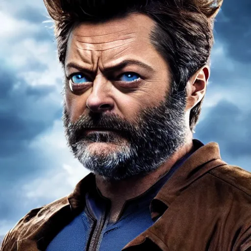 Image similar to wolverine in x - men suit played by nick offerman, logan marvel movie still, detailed 8 k, poster style, high resolution, photorealistic