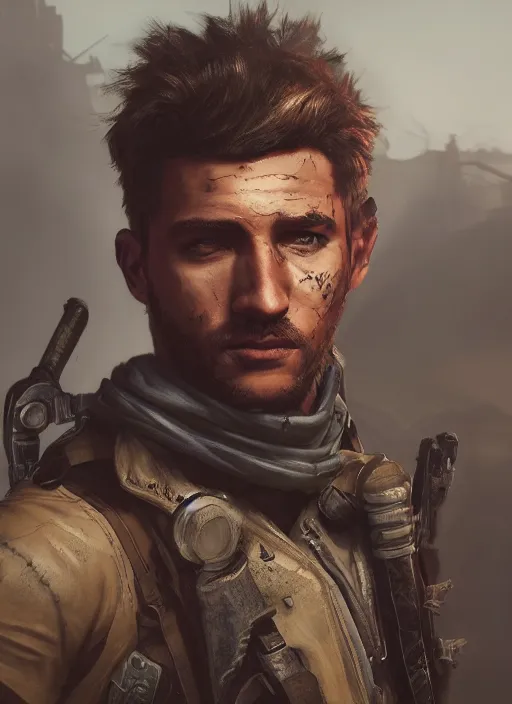 Prompt: A comic book style portrait painting of a male ranger in a post apocalyptic setting, unreal 5, DAZ, hyperrealistic, octane render, RPG portrait, dynamic lighting