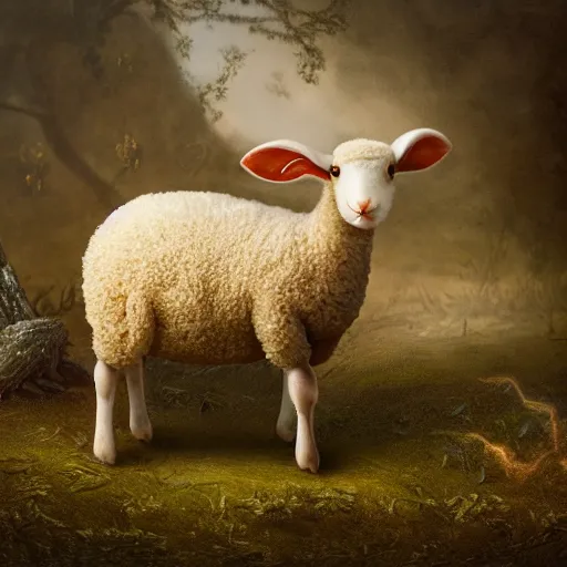 Image similar to the vegetable lamb of tartary, agnus vegetabilis, agnus tartaricus, legendary creature with the body of a lamb attached to a plant stem, cryptid photography, dynamic lighting, ultra detailed