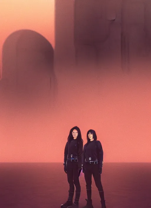 Image similar to cinestill 5 0 d photographic portrait of two loving female androids wearing rugged black techwear on a desolate plain with a brutalist monument and a red sky, extreme closeup, cyberpunk style, dust storm, 8 k, hd, high resolution, 3 5 mm, f / 3 2, ultra realistic faces, ex machina