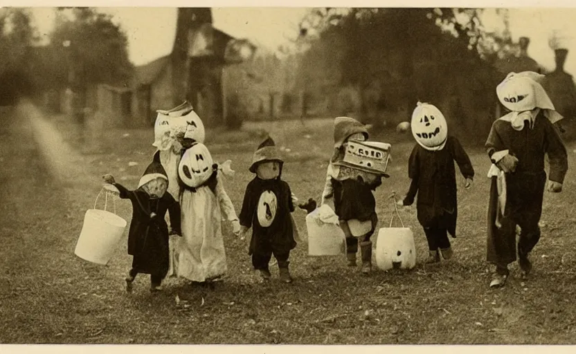 Image similar to Vintage postcard of children trick-or-treating, hi-res scan, stark composition, sepia tone, eerie lighting,