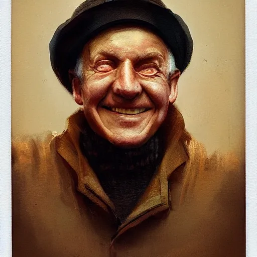 Prompt: Old man smiling to camera evil, portrait artwork by Sergey Kolesov, arstation, polaroide