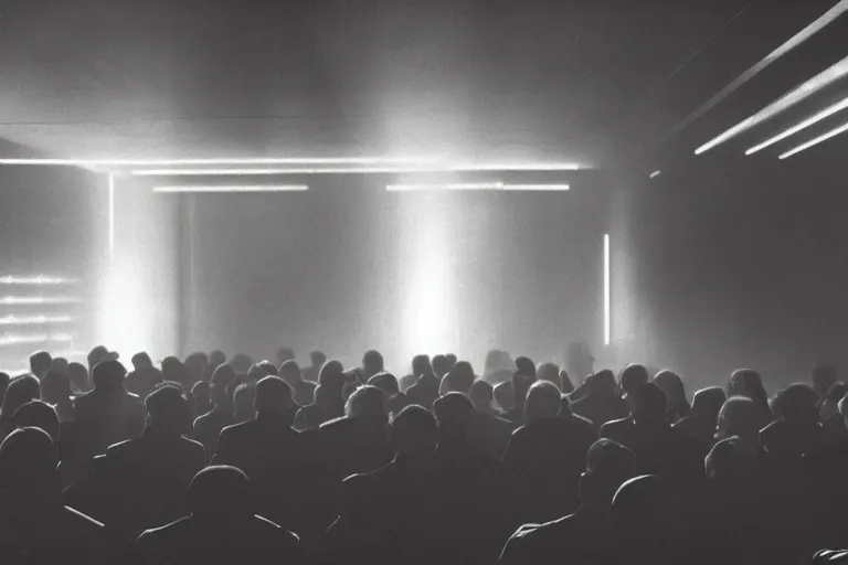 Image similar to back of a man facing a dark conference hall, people cheering at the atmospheric and obscure, red neon light, by roger deakins, cinematography, syd mead