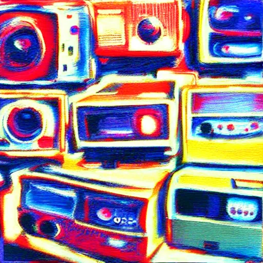 Image similar to array of crt televisions, fuzzy, tv static, antenna, stacked, polaroid, steroids, adult video store, impressionist painting, painting, acrylic painting, cell shaded