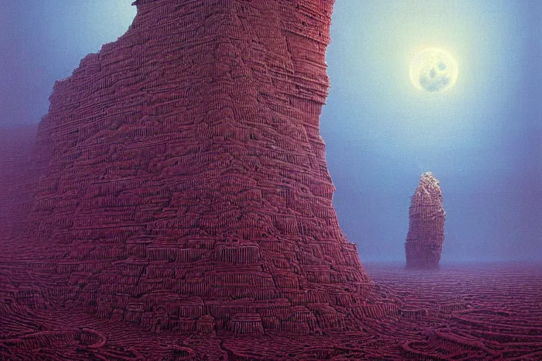 Prompt: a surreal and awe - inspiring science fiction landscape, moon in the sky looks like a skull, intricate, elegant, highly detailed matte painting by beksinski and simon stalenhag