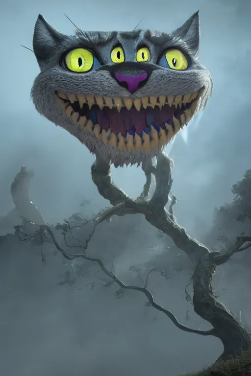 Prompt: cheshire cat vanishing vfx, burning vfx, vanishing vfx, made with blender, highly detailed, artstation, volumetric lighting, fog, vanishing, diaspora, concept