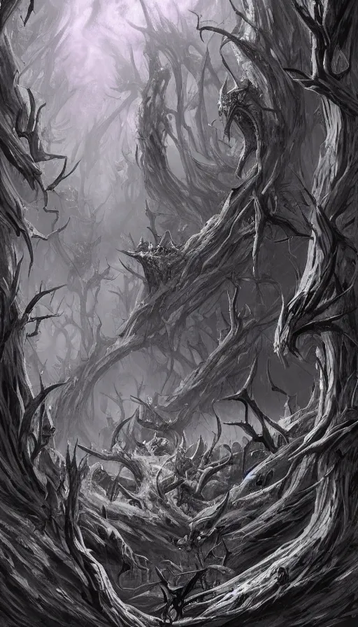 Prompt: a storm vortex made of many demonic eyes and teeth over a forest, by d & d concept artists