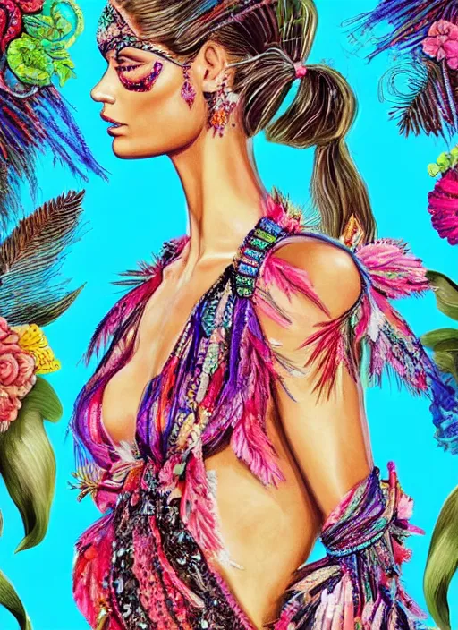 Prompt: beautiful portrait render of Taylor Hill wearing fantastic dress in the VICTORIA'S SECRET fashion show,embellished beaded feather decorative fringe knots ,colorful pigtail,subtropical flowers and plants,perfect symmetrica body shape,symmetrical face,intricate,elegant,highly detailed,8k,post-processing,digital painting,trending on pinterest,harper's bazaar,concept art, sharp focus, illustration, by artgerm,Tom Bagshaw,Lawrence Alma-Tadema,greg rutkowski,golden ratio