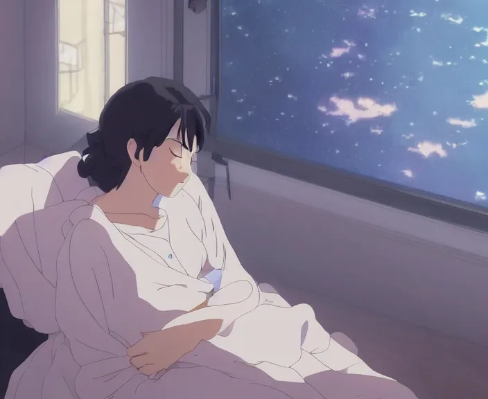 Prompt: A woman going to sleep, peaceful and serene, incredible perspective, soft lighting, anime scenery by Makoto Shinkai and studio ghibli, very detailed