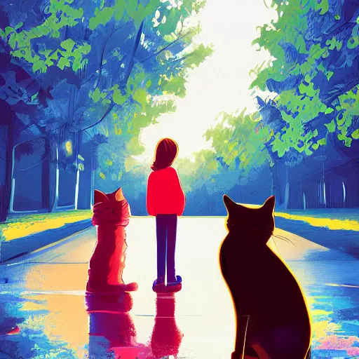 Prompt: a teenage girl and a teenage boy and a cat, art by Alena Aenami