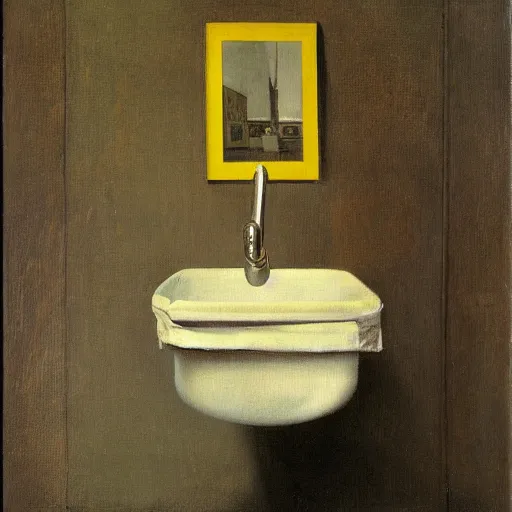 Prompt: a art documentation of an upside down urinal readymade object by Marcel Duchamp in the style of Vermeer