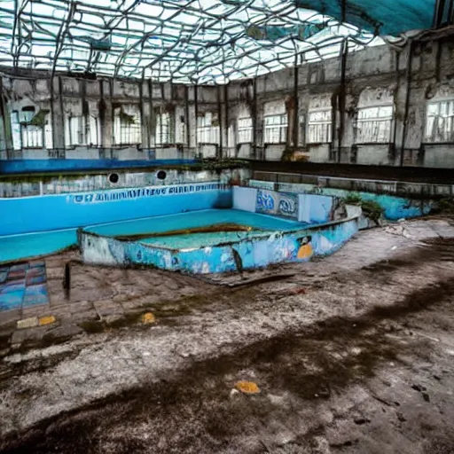 Image similar to a soviet waterpark. flooded, empty, dark abandoned.