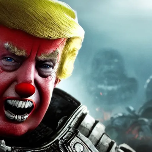 Prompt: donald trump as a clown in gears of war, splash art, movie still, cinematic lighting, ray tracing, detailed face, octane render, long lens, shallow depth of field, bokeh, anamorphic lens flare, 8 k, hyper detailed, 3 5 mm film grain