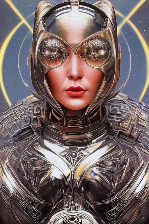 Image similar to retro-futuristic portrait of a beautiful female android in dusty chrome armour, dancing pose, ornate background, ornate pattern, glowing eyes, evil expression, high details, intricate details, renaissance style, painting by vincent di fate, artgerm julie bell beeple, 80s, Smooth gradients, High contrast, depth of field, very coherent symmetrical artwork