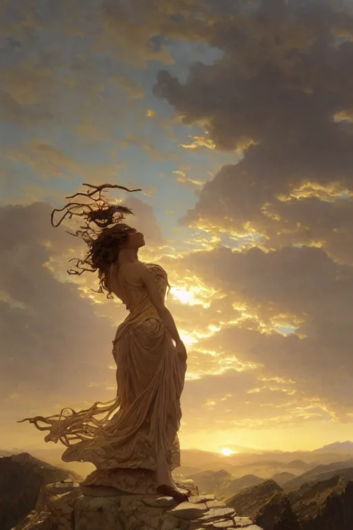 Image similar to an ultradetailed colossal magnificent mountain sized sculpture of an elegant woman, fine detail, sunrise on the horizon in the background, stone hand raised up, 8 k, art by greg rutkowski and alphonse mucha and andreas rocha and albert bierstadt