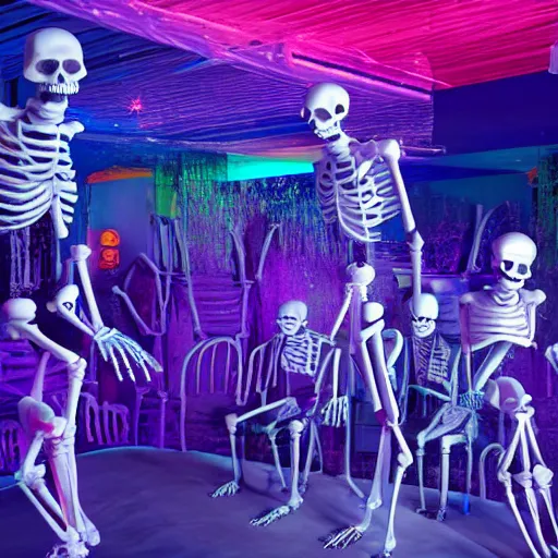 Prompt: photo, a giant crowd of realistic claymation skeletons sensually inside a colorful futuristic night club, edge lighting