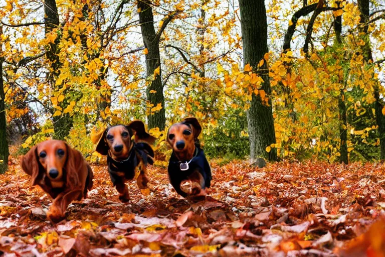 Prompt: dachshunds running towards the camera in the autumn leaves and some of the leaves are flying up into the air