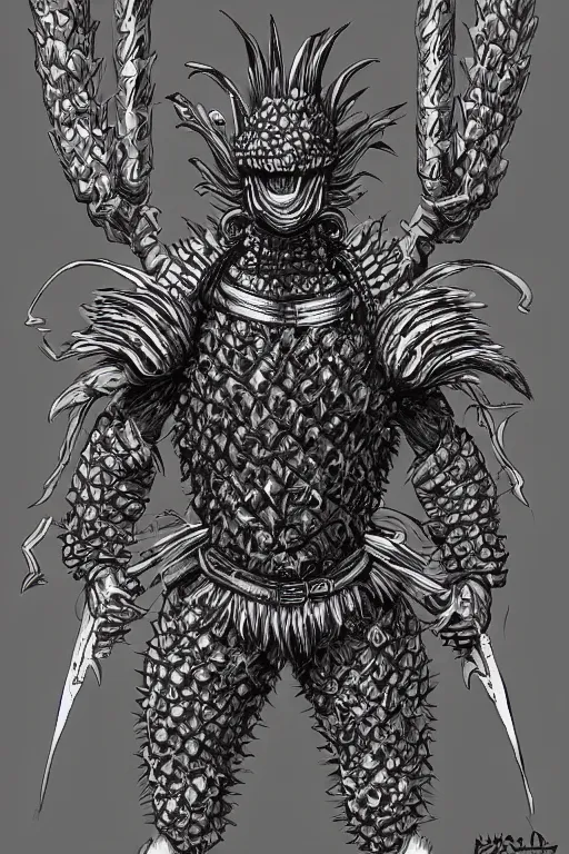 Image similar to screeching pineapple humanoid figure monster wearing themed armour, symmetrical, highly detailed, digital art, sharp focus, trending on art station, kentaro miura manga art style