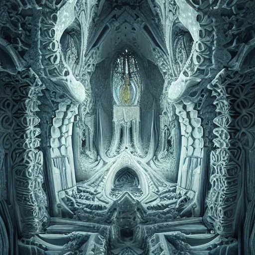 Image similar to a hyperrealistic 3 d painting of a huge sprawling fractal cathedral interior populated by mandelbrot fractals by android jones, unreal engine, carved stone, carved soap, white color scheme, volumetric lighting, octane render, dramatic lighting, glowing, carved marble, opalescent, sacred geometry, religious, angelic, catholicpunk, stark, 8 k, ultra detailed