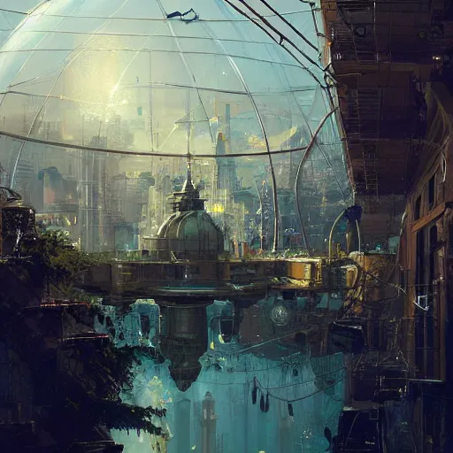 Image similar to A city trapped in a giant transparent dome, bubbles, cinematic lighting, insanely detailed, intricate, artstation, cgsociety, painted by Simon Stalenhag, Craig Mullins, concept art, illustration, sharp focus,