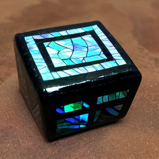 Prompt: black cube with intricate iridescent mother - of - pearl inlay