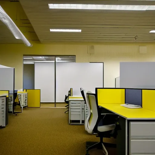 Image similar to A polaroid photograph of an empty endless office space, yellow wallpaper on the walls, moist dirty carpet, fluorescent warm lights lighting the scene, no furniture