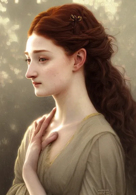 Prompt: portrait of little bird sansa stark, intricate, elegant, highly detailed, digital painting, artstation, concept art, smooth, sharp focus, illustration, art by artgerm and greg rutkowski and alphonse mucha and william - adolphe bouguereau