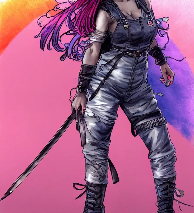 Image similar to full body pose, hd, manga anime portrait of a fairy girl in combat boots and overalls, rainbow hair, in ishikawa ken frank miller jim lee alex ross style detailed trending award winning on flickr artstation,