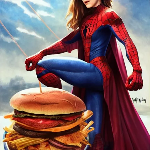 Image similar to emma watson in a spiderman suit sitting on the iron throne, eating a hamburger, photorealistic, highly detailed, artstation, smooth, anatomically correct, art by michael whelan, artgerm, greg rutkowski and alphonse mucha