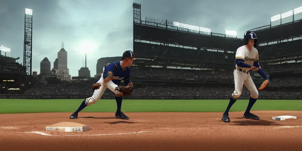 Image similar to Sauron playing 1st base in an MLB game, Milwaukee Brewers, cgsociety, artstation, cinematic