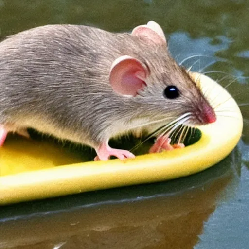 Prompt: mouse on a raft made of cheese floating down the river